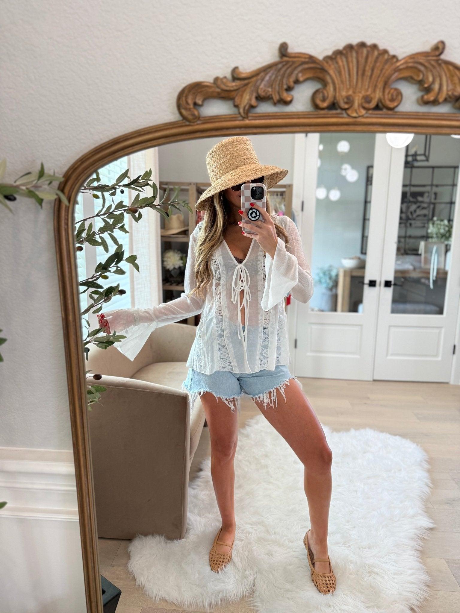 White Bell Sleeve Sheer Lace Top - DOORBUSTER Product Image