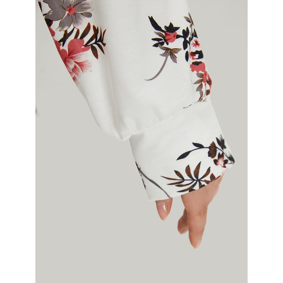 Plus Size Floral Print Crew Neck Crisscross Sweatshirt Women White Elegant Elastic cuffs Round Neck Dailywear Sweatshirts BloomChic 14-16/1X Product Image