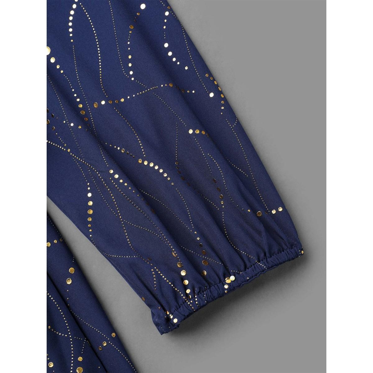 Plus Size Glitter Notched Collar Belted Midi Dress Indigo Women Elegant Texture Notched collar Elbow-length sleeve Curvy BloomChic 18-20/2X Product Image