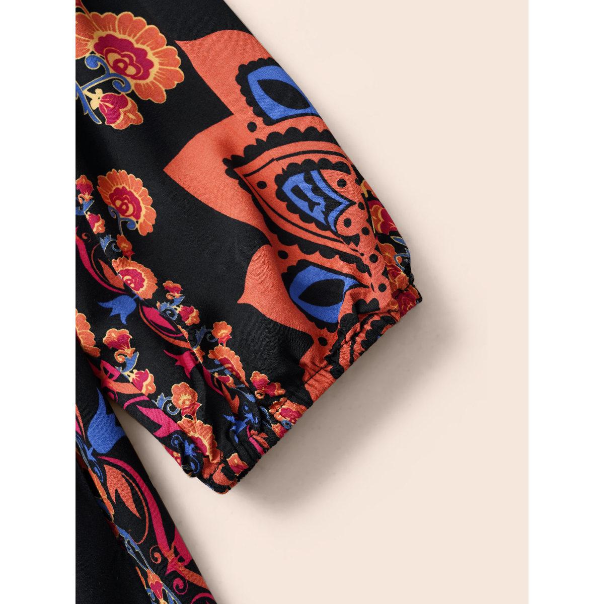 Plus Size Bandana Lantern Sleeve Midi Dress Black Women Resort Gathered V-neck Long Sleeve Curvy BloomChic 28/5X Product Image