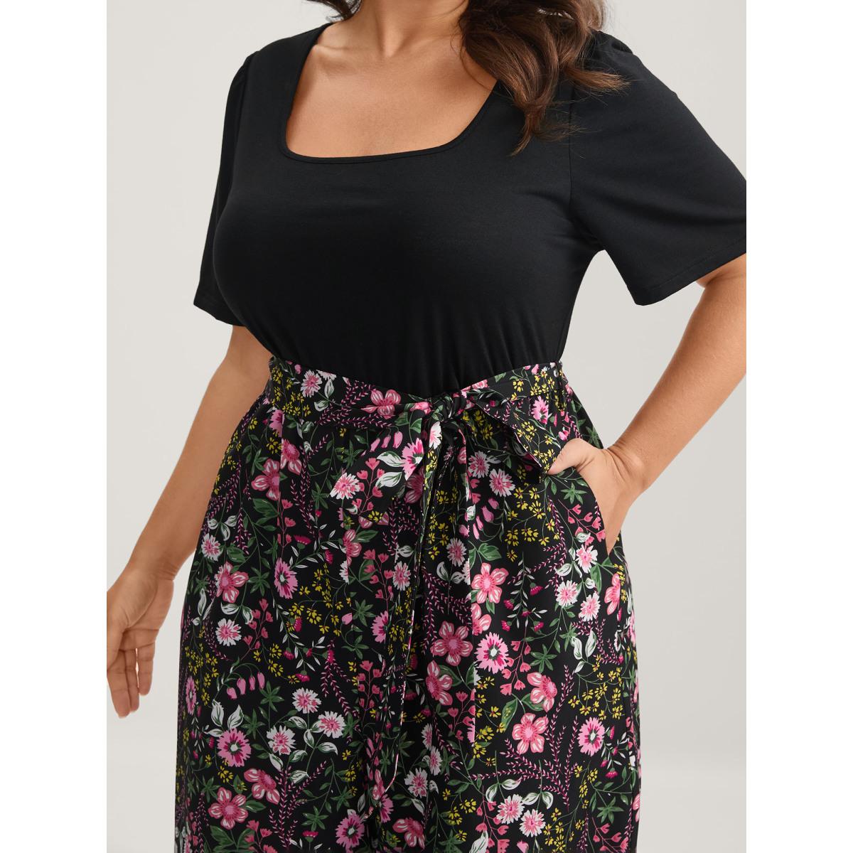 Plus Size BlackFlower Color Contrast Belted Panel Pockets Jumpsuit Women Timeless Short sleeve Square Neck Elegant Loose Jumpsuits BloomChic 18-20/2X Product Image