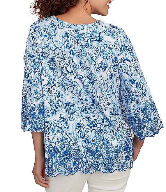 Ruby Rd. Cotton-Blend Embroidered Printed Scoop Neck 3/4 Sleeve Top Product Image