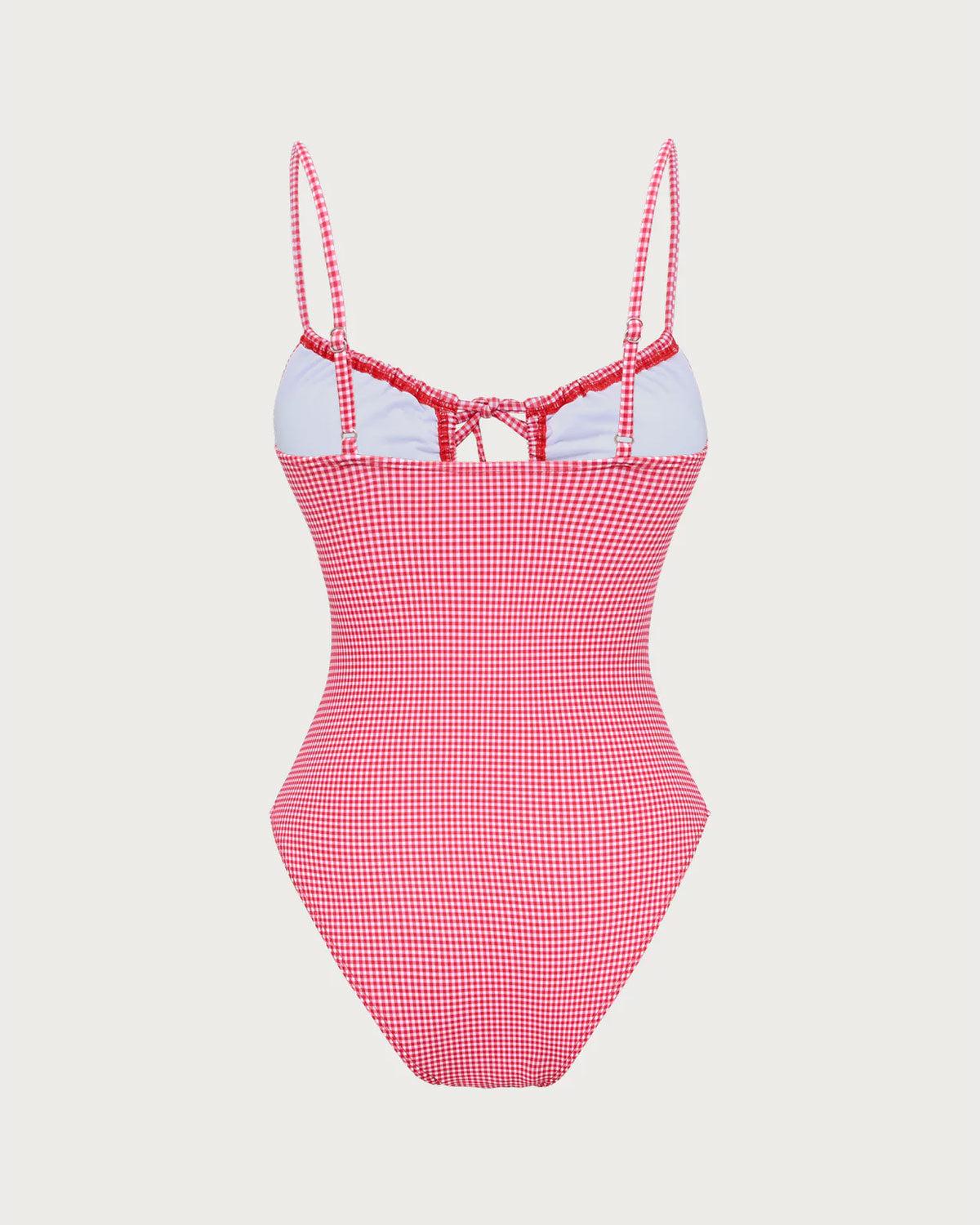 Red Plaid Bralette One-Piece Swimsuit Product Image