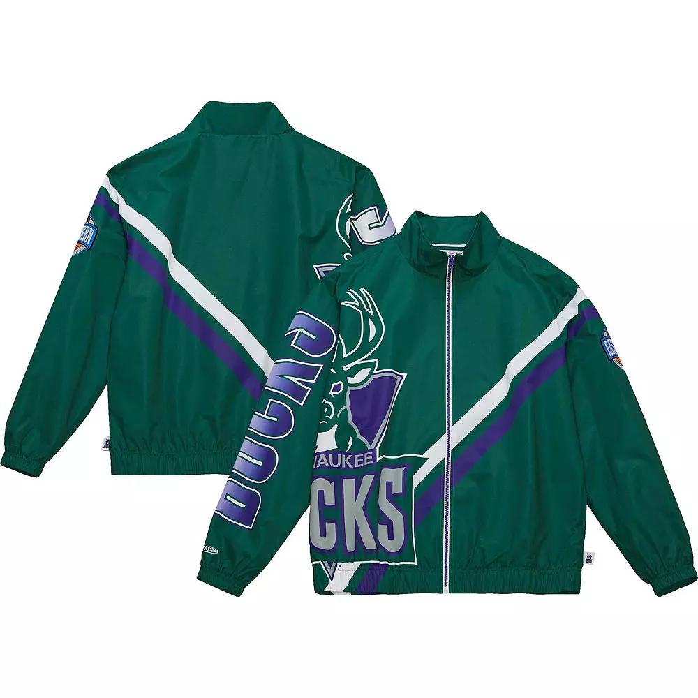 Men's Mitchell & Ness Hunter Green Milwaukee Bucks Exploded Logo Warm-Up Full-Zip Jacket,  Product Image