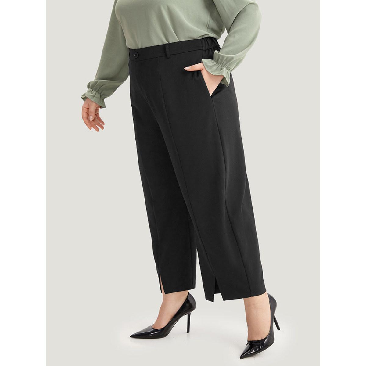 Plus Size Plain Split Front Pleated Pants Women Black At the Office Straight Leg High Rise Office Pants BloomChic 22-24/3X Product Image