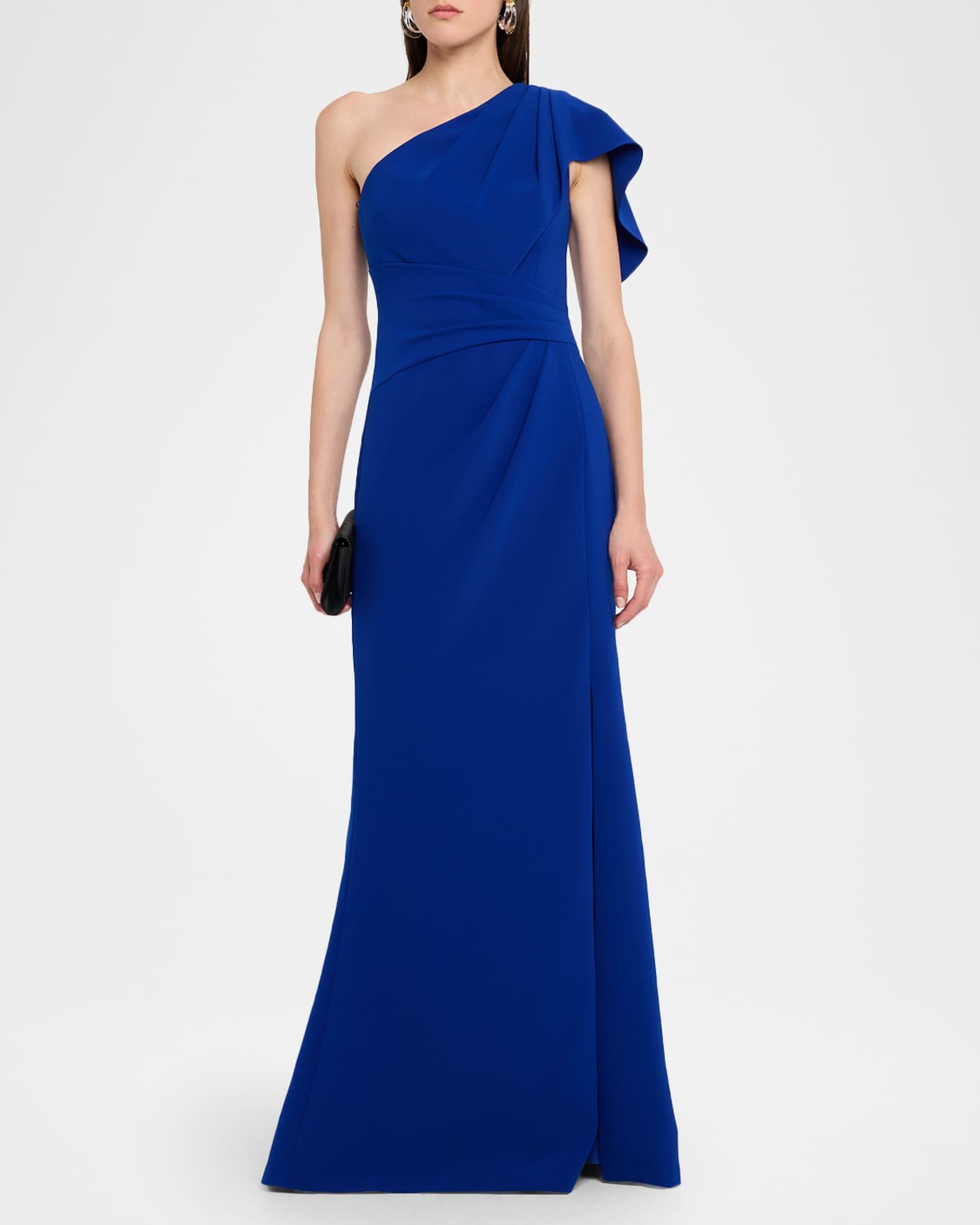 Pleated One-Shoulder Stretch Crepe Gown Product Image