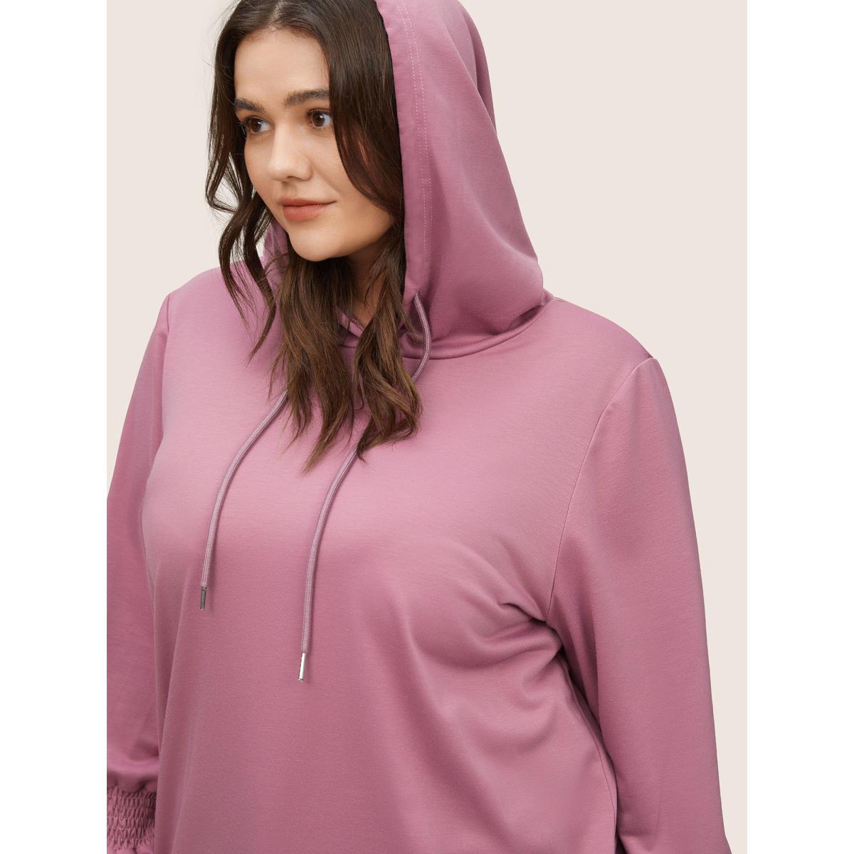 Plus Size Solid Shirred Flounces Hooded Sweatshirt Women DustyPink Casual Plain Hooded Everyday Sweatshirts BloomChic 30/6X Product Image
