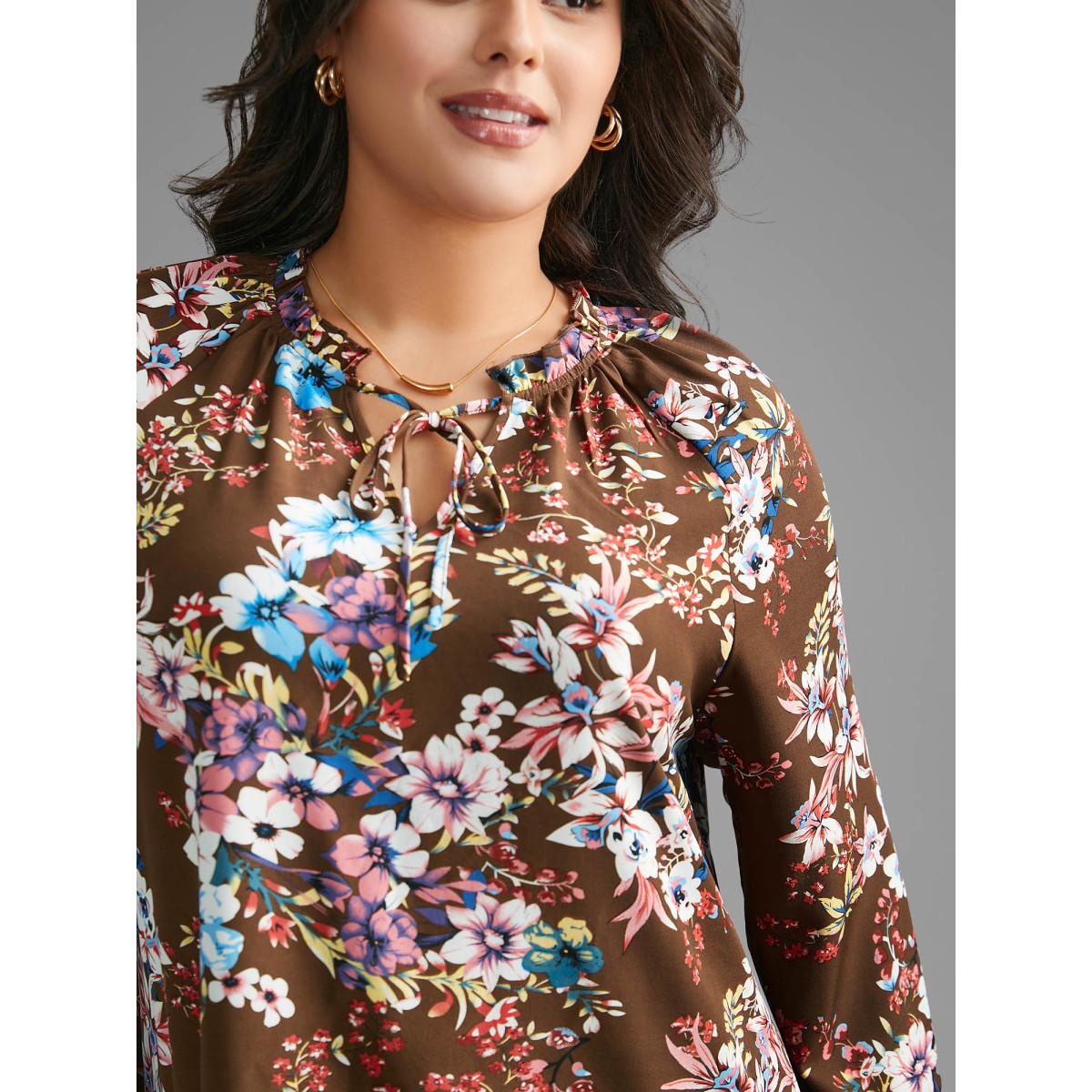 Plus Size Browncoffeecolor Floral Tie Knot Flutter Sleeve Blouse Women Elegant Long Sleeve V-neck Everyday Blouses BloomChic 28/5X Product Image