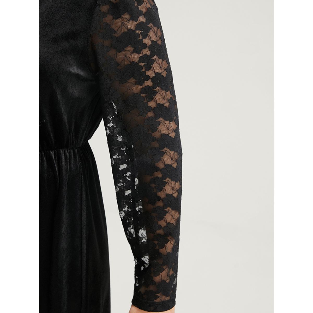 Plus Size Solid Wrap Contrast Lace Velvet Midi Dress Black Women Party Patchwork V-neck Long Sleeve Curvy Midi Dress BloomChic 22-24/3X Product Image