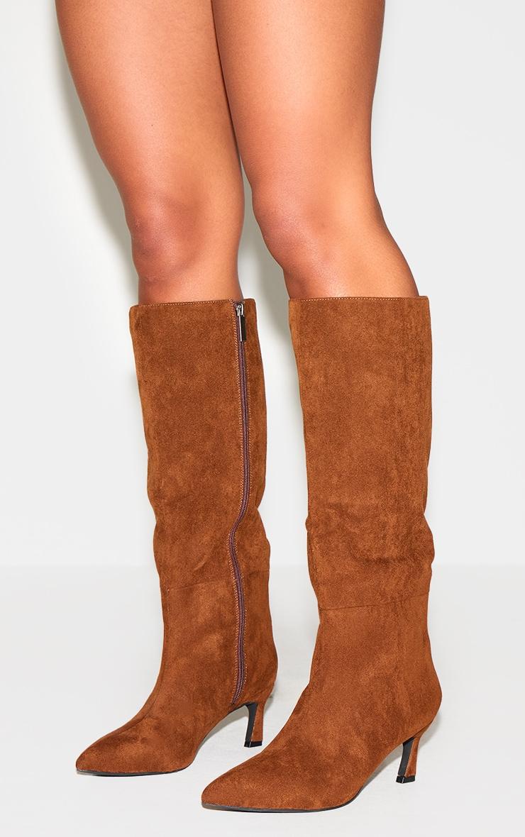 Chocolate Faux Suede Point Toe Mid Heeled Knee High Boots Product Image