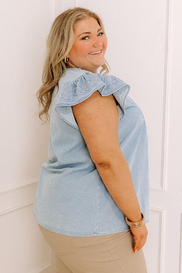 Farmers Market Cutie Embroidered Chambray Top in Light Wash Curves Product Image