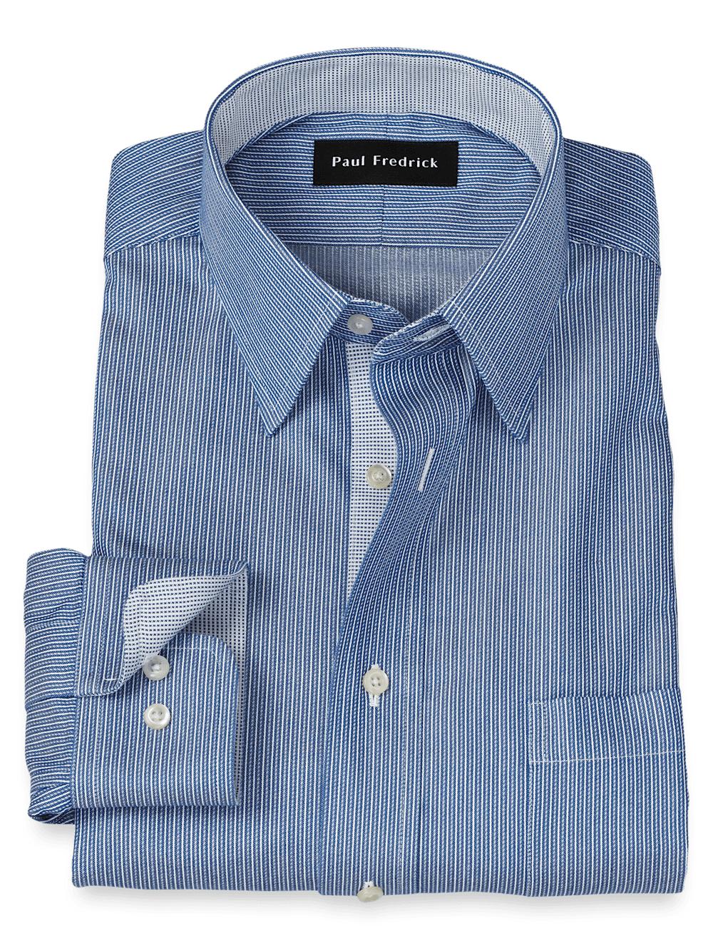 Comfort Stretch Non-Iron Stripe Dress Shirt With Contrast Trim - Blue Product Image