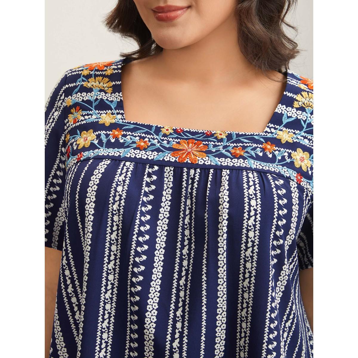 Plus Size DarkBlue Embroidered Striped Print Square Neck Blouse Women Short sleeve Square Neck Everyday-Elegant Blouses BloomChic 26/4X Product Image