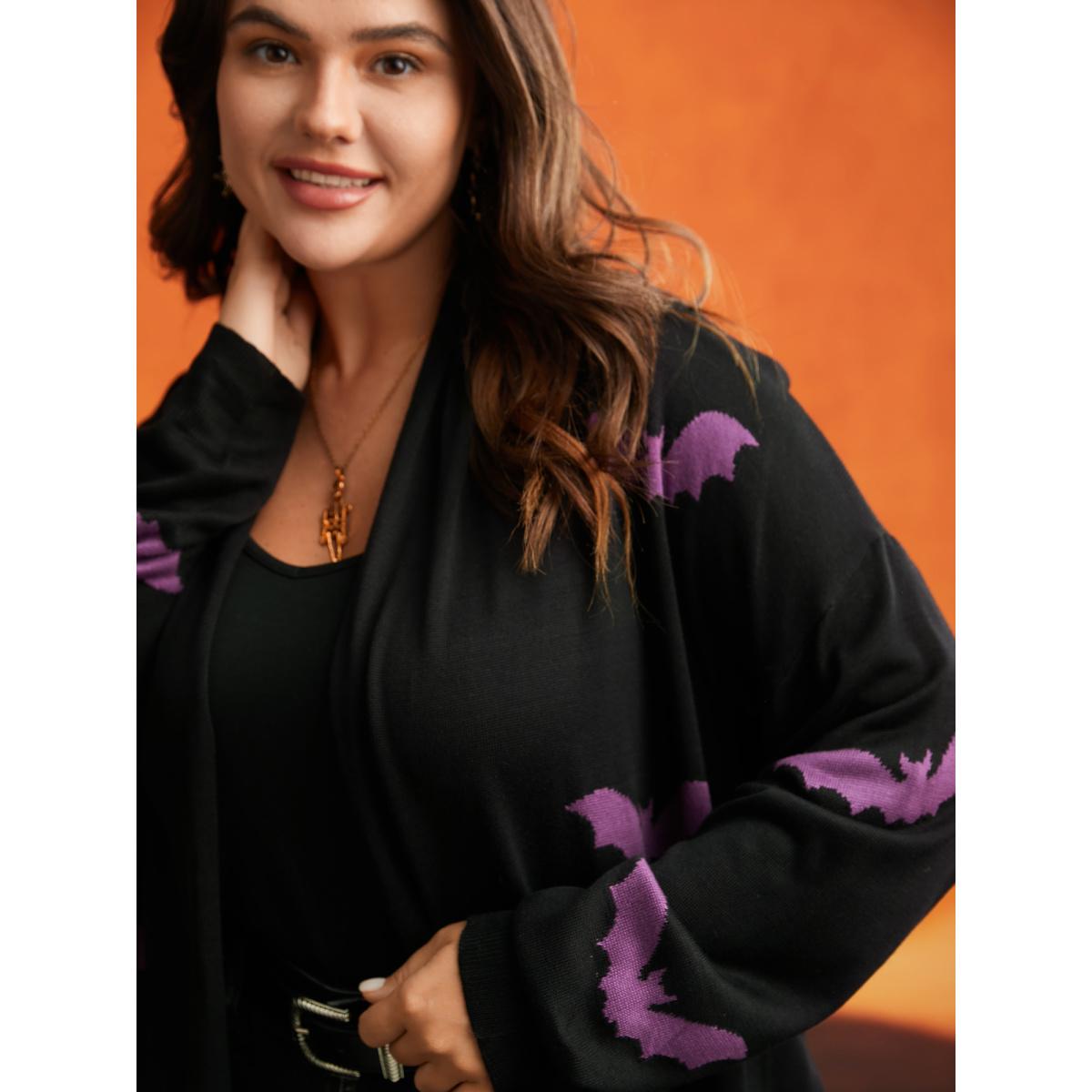 Plus Size Supersoft Essentials Halloween Bat Pattern Lapel Collar Cardigan Black Women Casual Loose Long Sleeve Festival-Halloween Cardigans BloomChic 18-20/2X Product Image