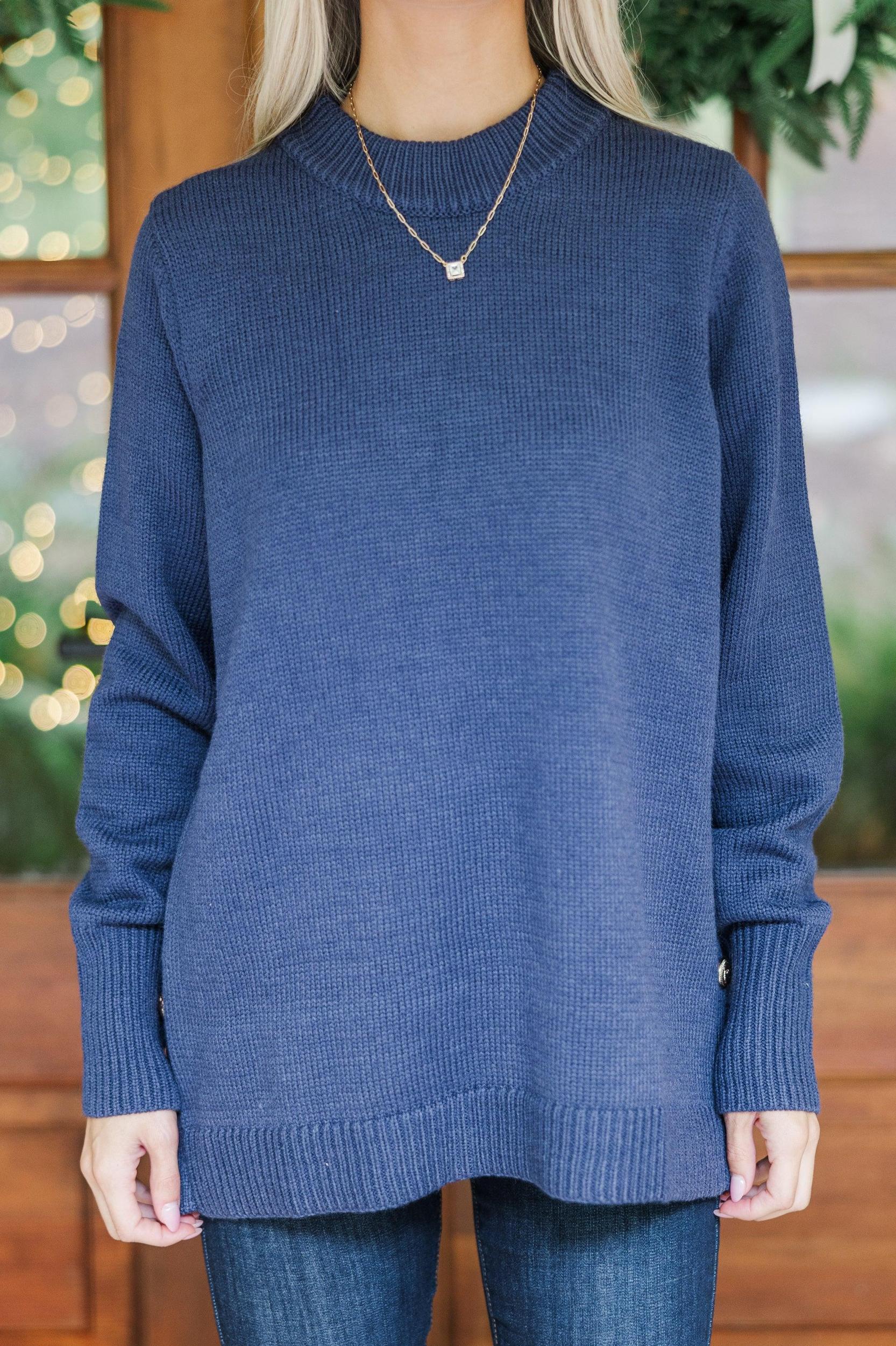 The Slouchy Navy Blue Side Button Sweater Female Product Image