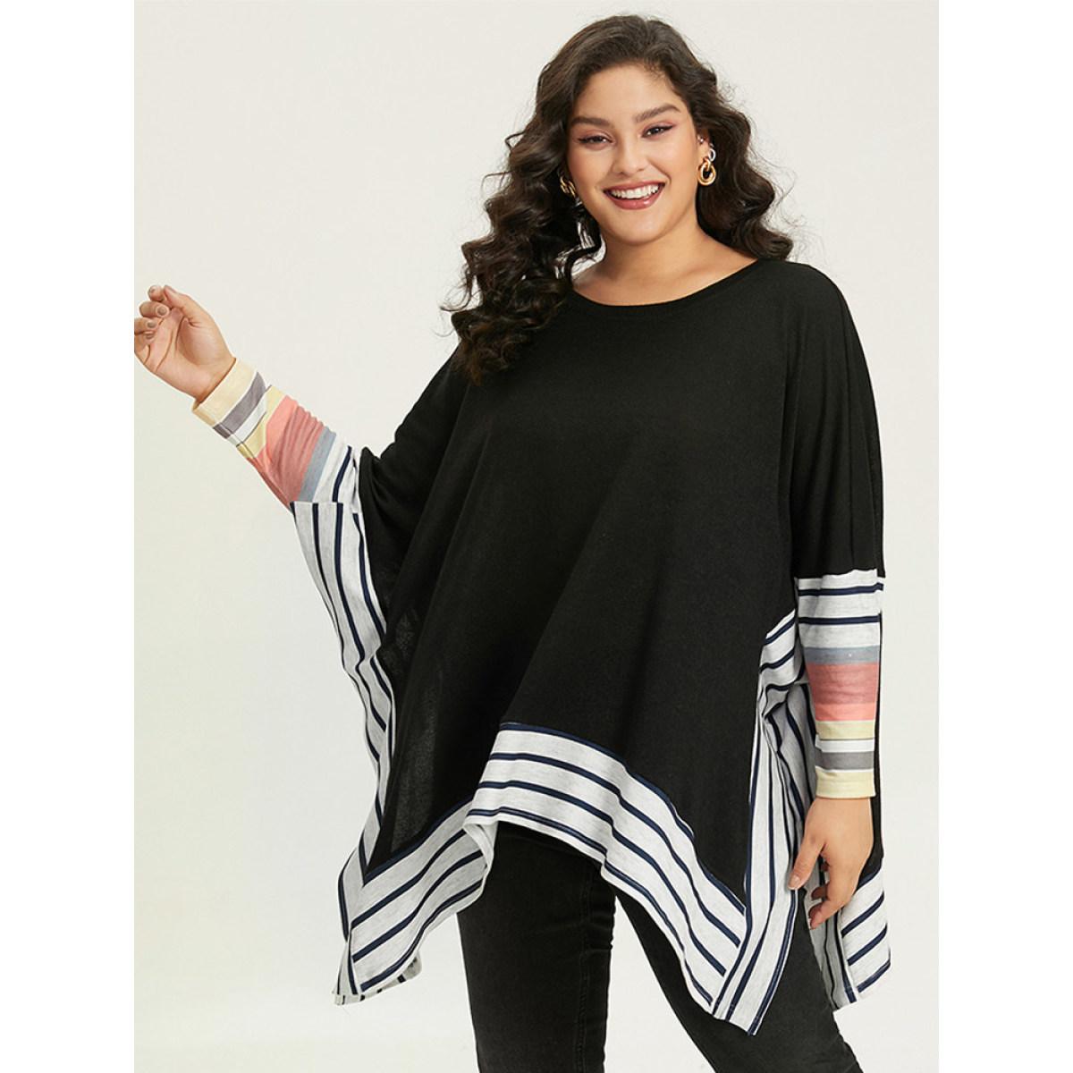 Plus Size Striped Patchwork Colorblock Contrast Crew Neck Sweatshirt Women Black Casual Contrast Round Neck Dailywear Sweatshirts BloomChic 10/M Product Image
