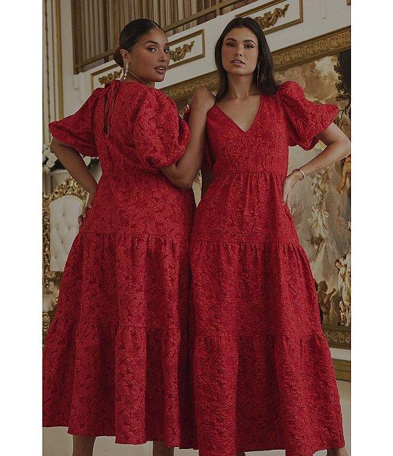 Sugarlips Plus Puffed-Sleeve Floral Jacquard Tiered Long Dress Product Image