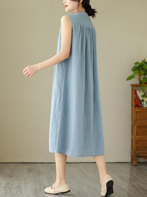 A-Line Sleeveless Buttoned Pleated Solid Color Round-Neck Midi Dresses Product Image