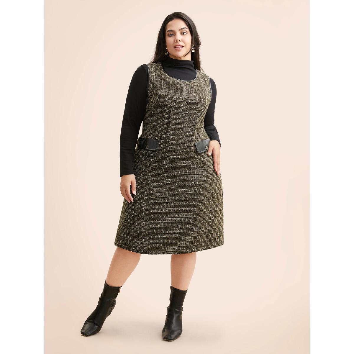 Plus Size Tweed Patchwork Flap Pocket Dress Black Women Casual Texture Round Neck Sleeveless Curvy BloomChic 26/4X Product Image