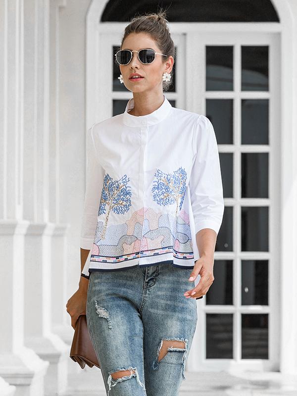 Casual Three-Quarter Sleeves Loose Embroidered Stand Collar Blouses&Shirts Tops Product Image