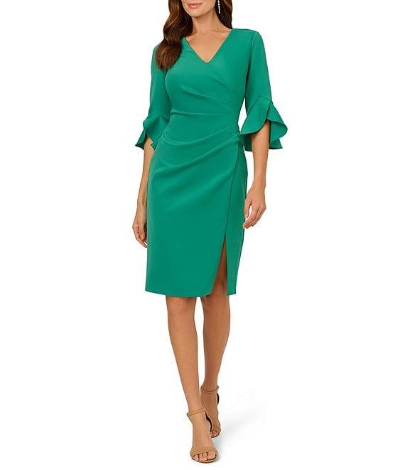 Adrianna Papell V-Neck 3/4 Ruffle Bell Sleeve Ruched Scuba Sheath Dress Product Image