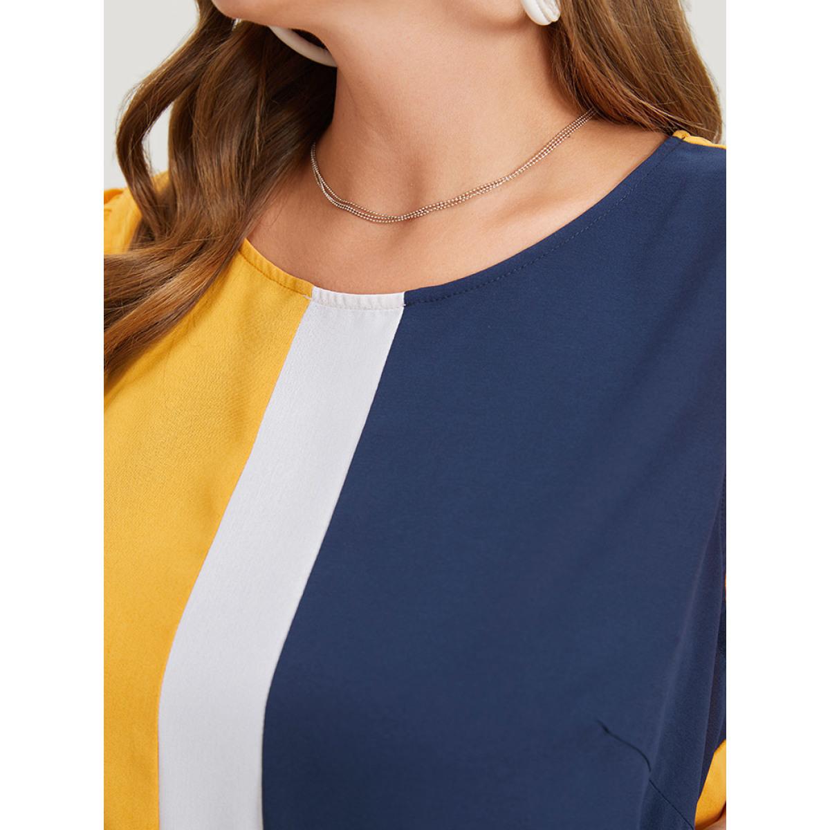 Plus Size Contrast Patchwork Pocket Ruffle Cap Sleeve Dress Multicolor Women Office Contrast Round Neck Cap Sleeve Curvy Knee Dress BloomChic 30/6X Product Image