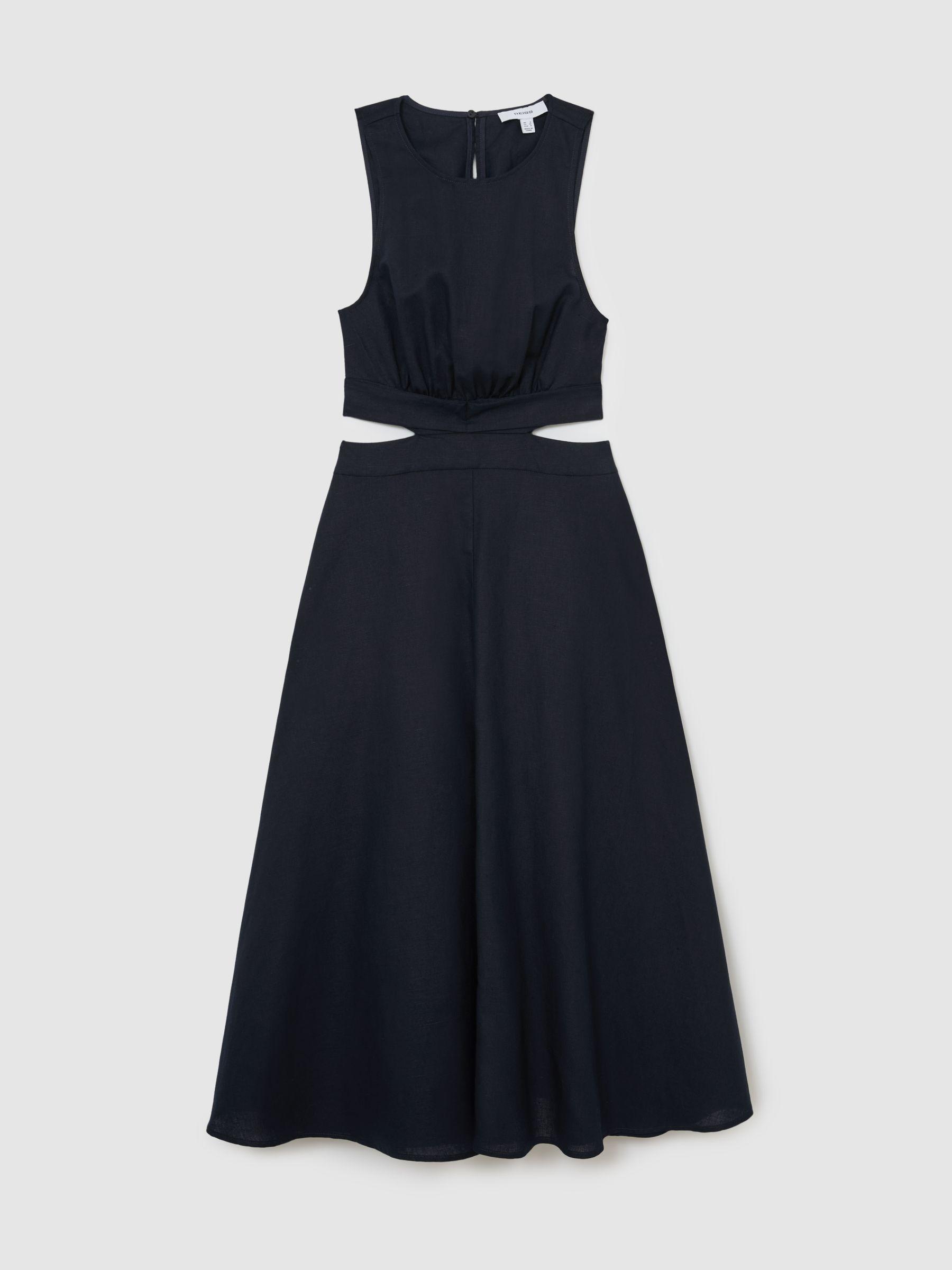 Linen-Cotton Cut-Out Midi Dress in Navy Product Image