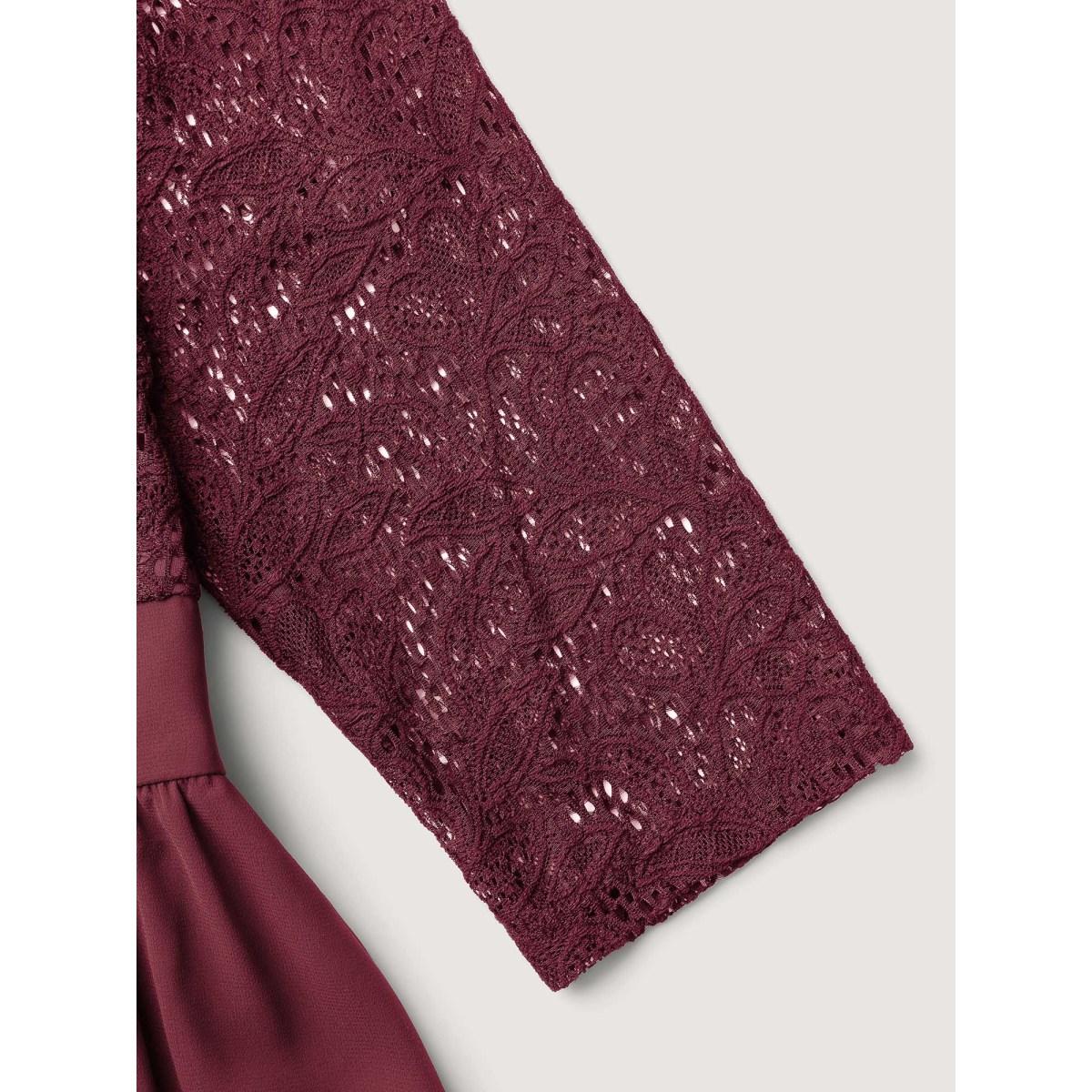 Plus Size Lace Patchwork Shirred Midi Pocket Dress Burgundy Women Formal Woven ribbon&lace trim Round Neck Elbow-length sleeve Curvy BloomChic 12/L Product Image