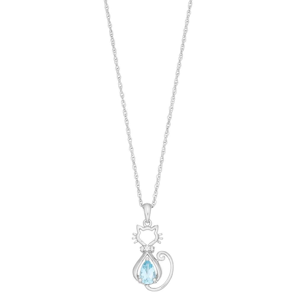 Sterling Silver Gemstone & Lab-Created White Sapphire Cat Pendant, Women's, Size: 18", Swiss Blue Topaz Product Image