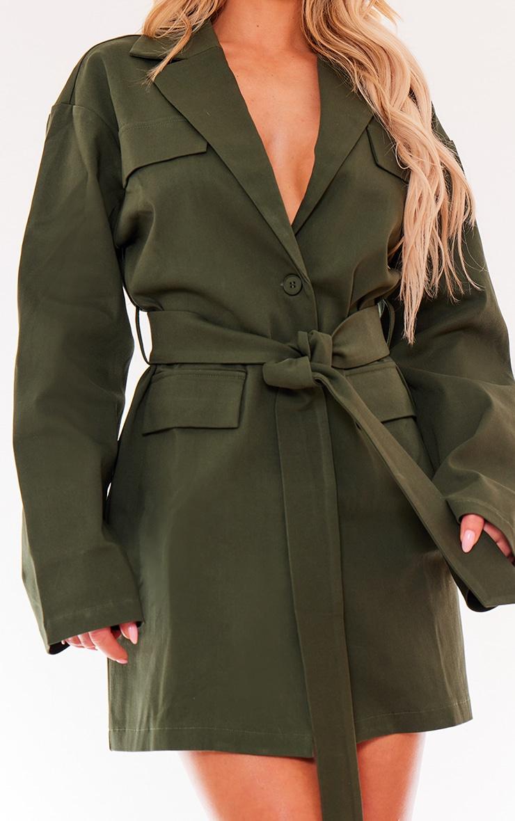 Khaki Woven Button Belted Blazer Dress Product Image