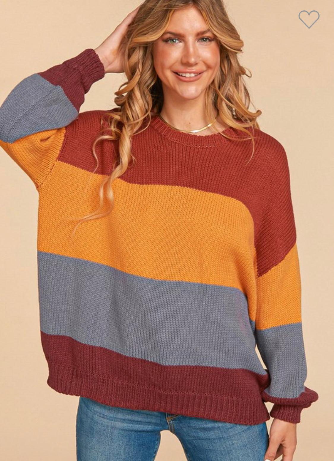 2539   Alicia Round Neck Color Block Bubble Sleeve Loose Fit Sweater Product Image