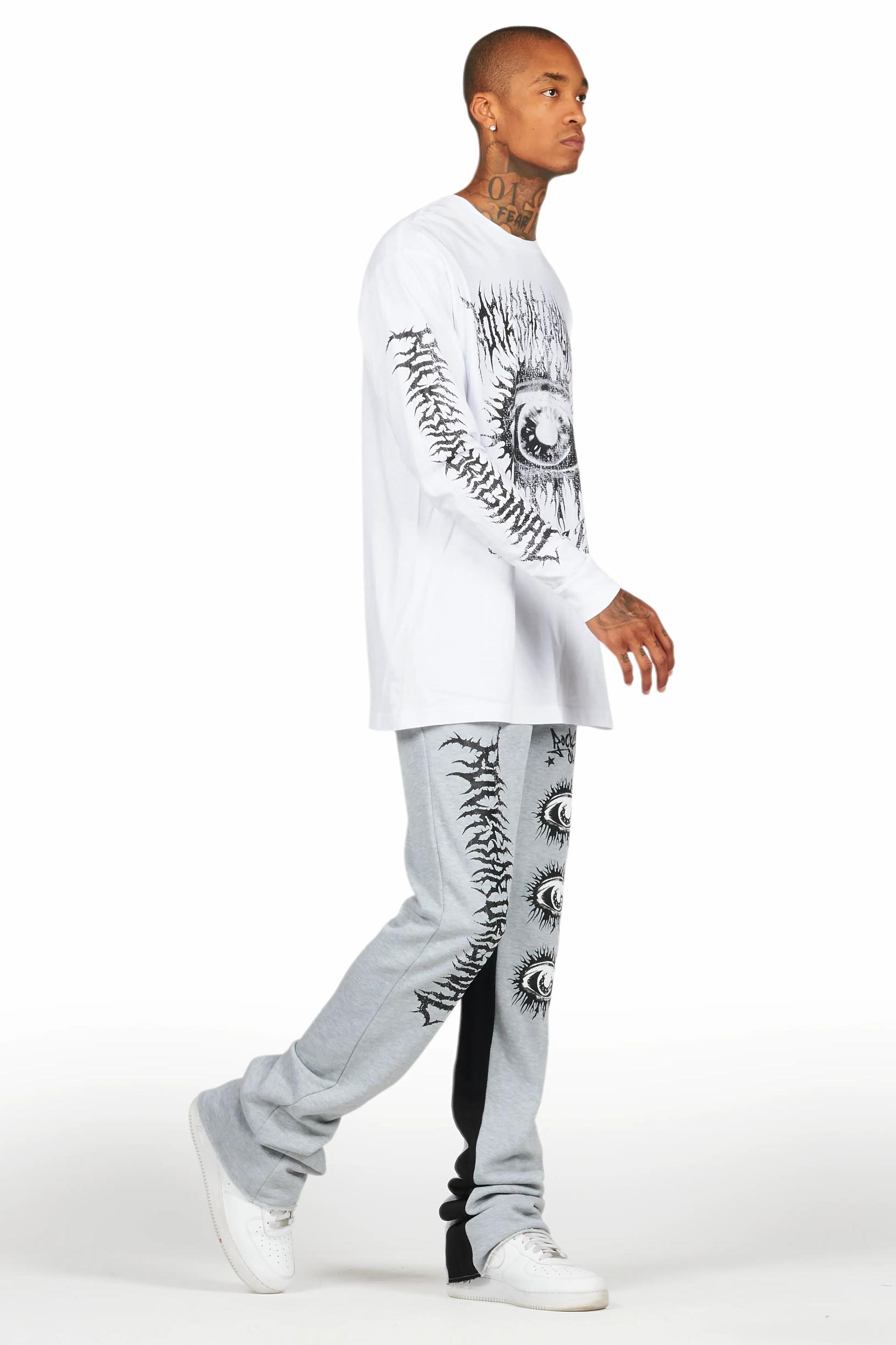 All Seeing Eyes White/Grey Long Sleeve T-Shirt/Baggy Pant Set Male Product Image