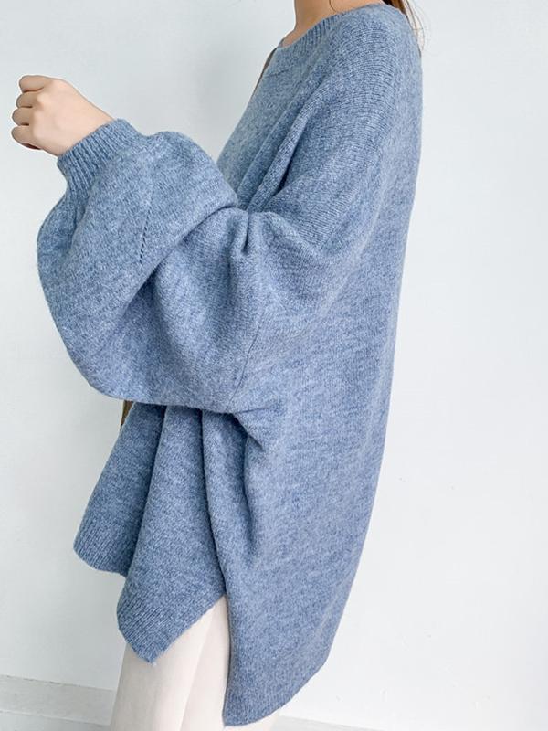 Stretch Mohair-Blend Balloon Sleeves Loose Solid Round-Neck Sweater Tops Product Image