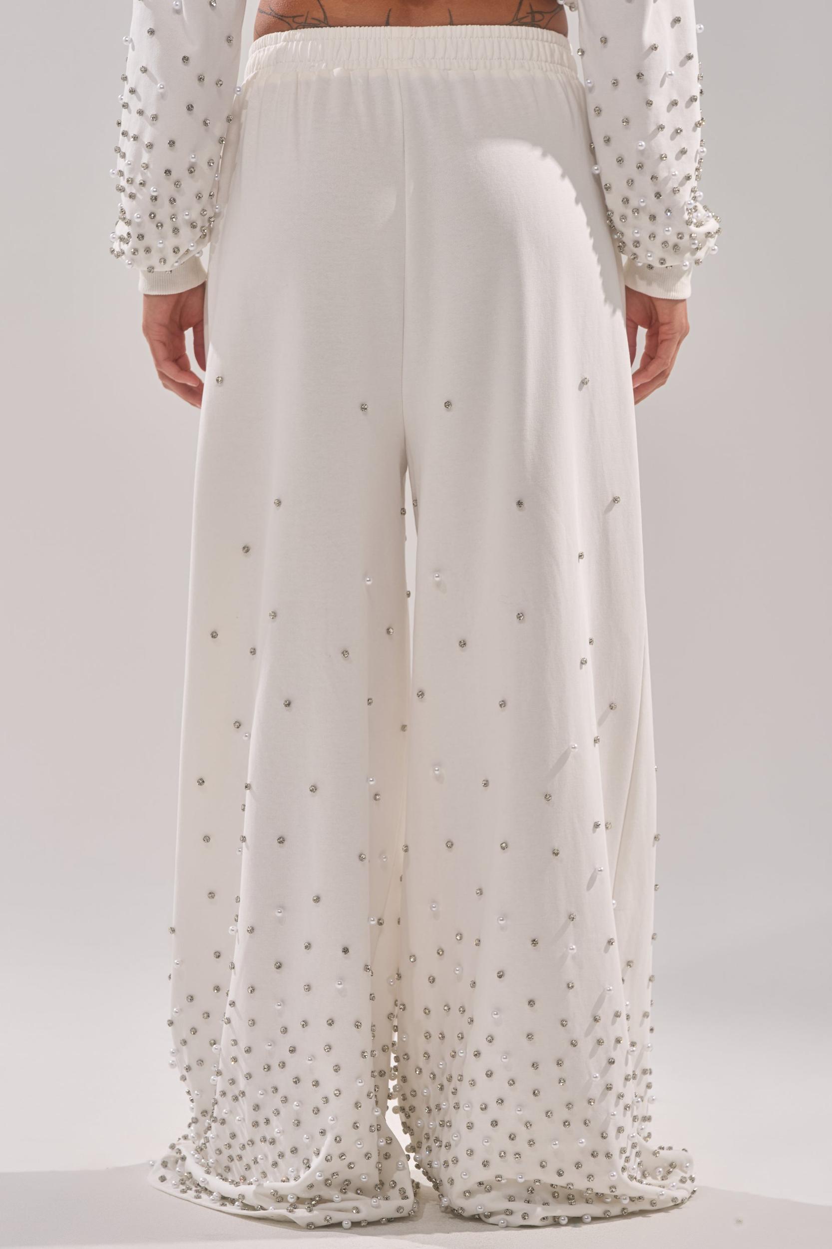 ALL IN WHITE RHINESTONE WIDE LEG JOGGER Product Image