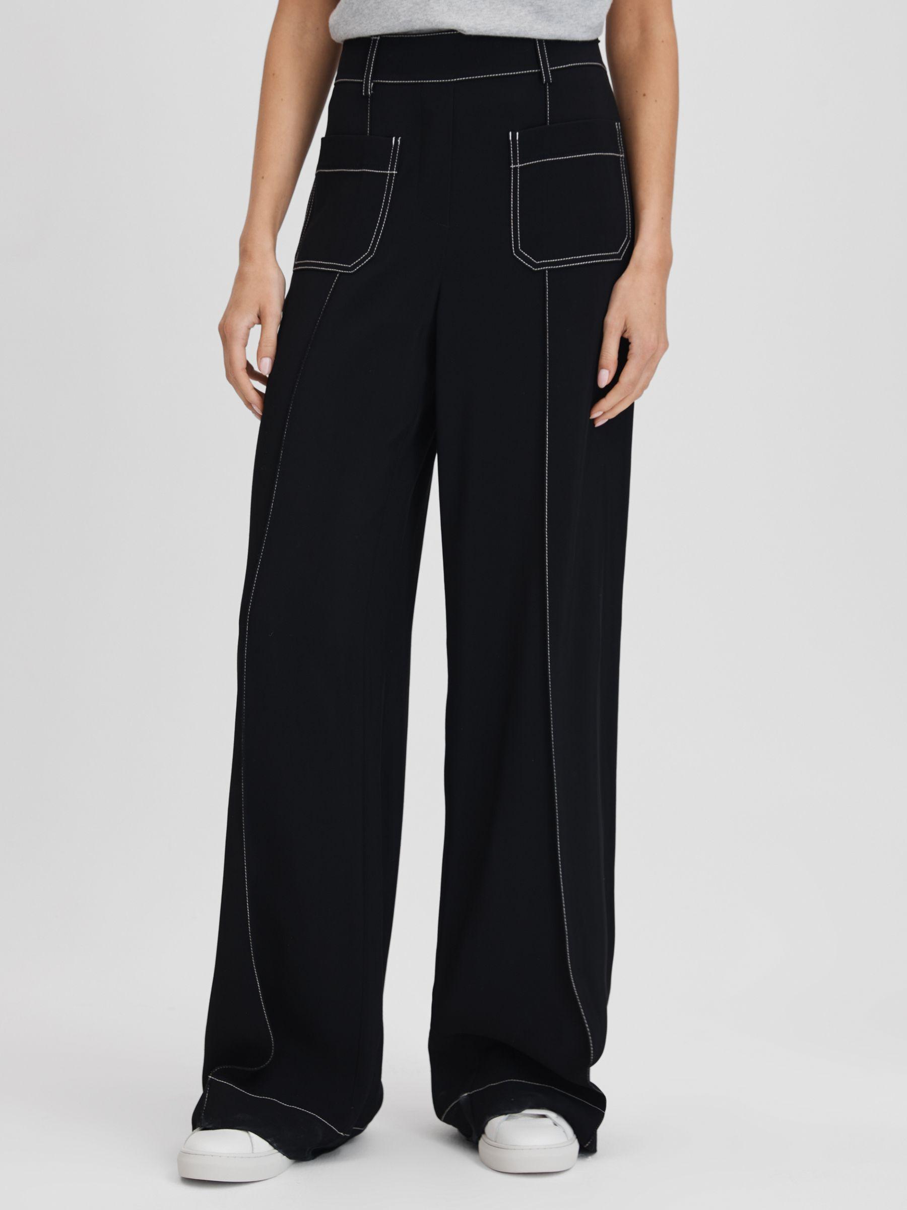 Contrast Stitch Wide Leg Trousers in Black Product Image