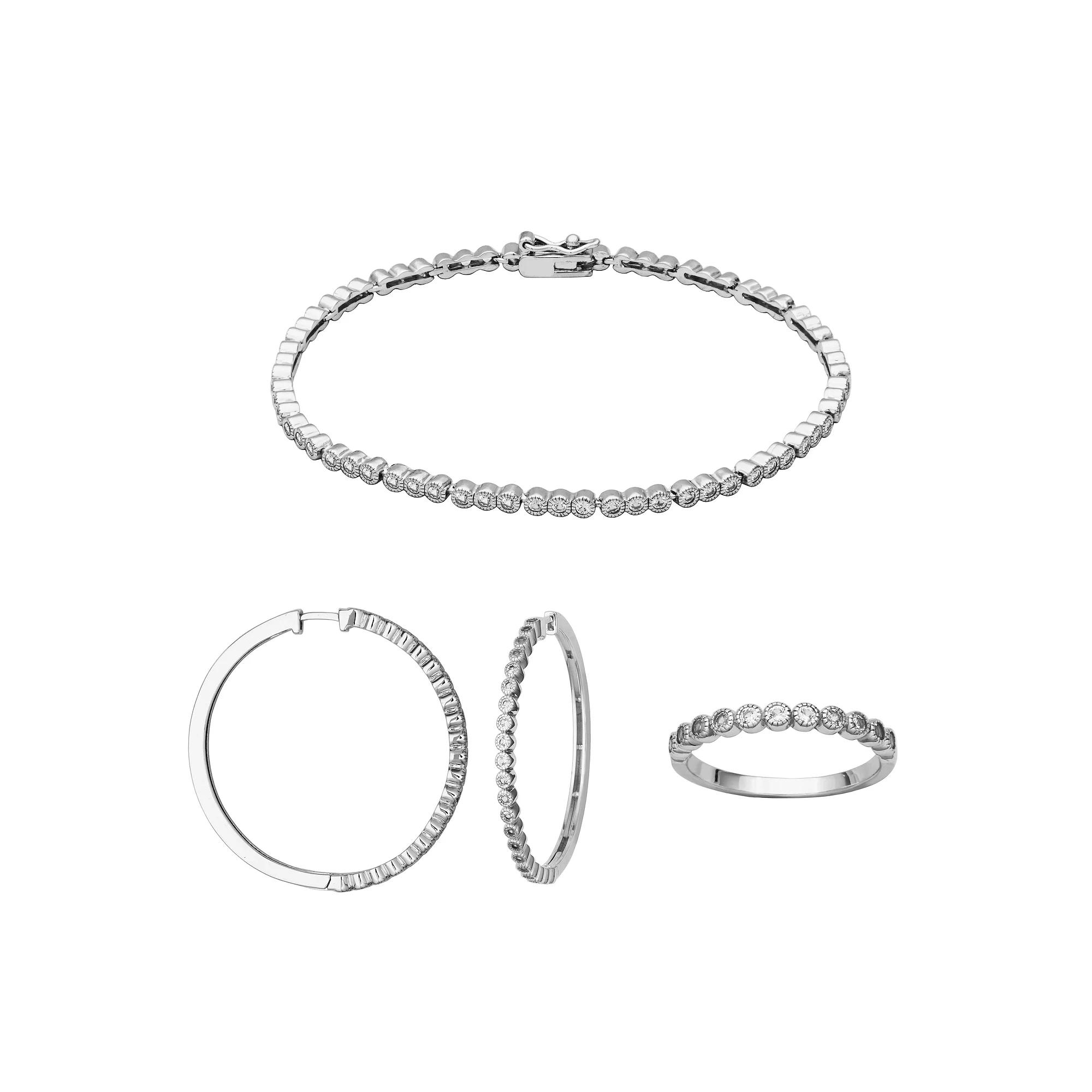 Sterling Silver Lab-Created White Sapphire Ring, Bracelet, and Hoop Earrings Set, Women's, Size: 7 Product Image