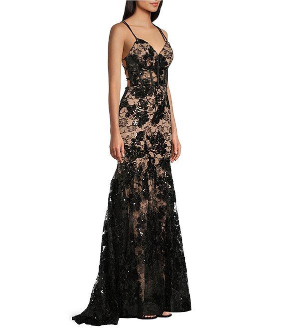 Blondie Nites Sequin Floral Lace Corset Trumpet Dress Product Image