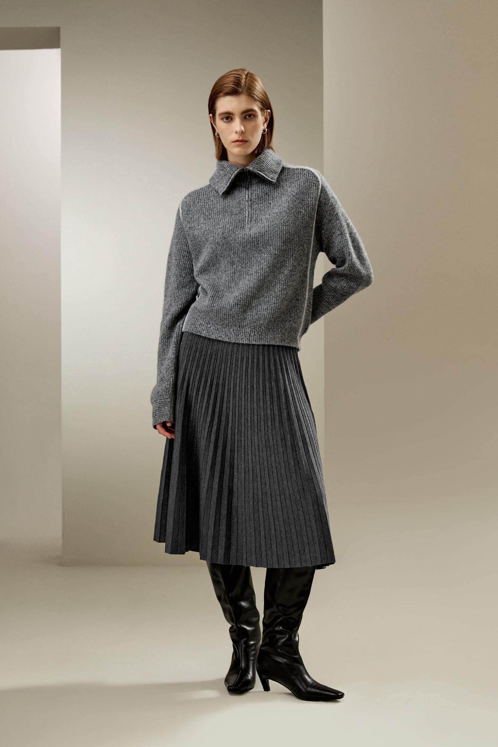 Pleated A-line Merino Wool Skirt Product Image