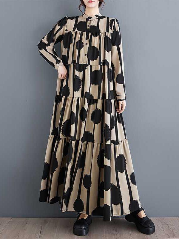 A-Line Long Sleeves Buttoned Pleated Polka-Dot Split-Joint Stand Collar Maxi Dresses Shirt Dress Product Image