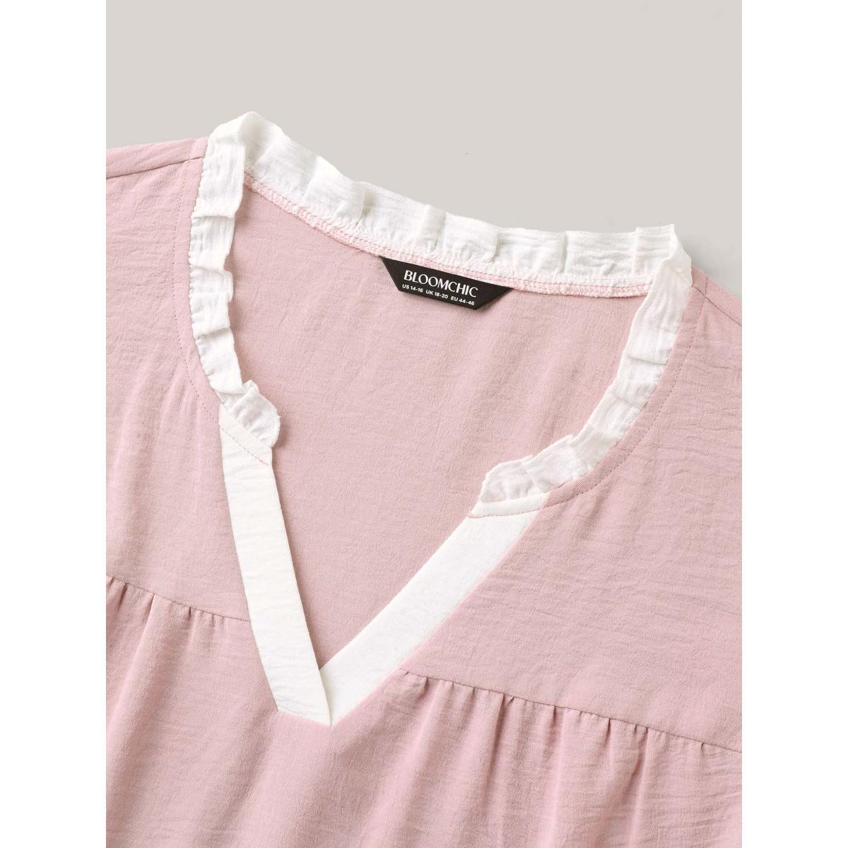 Plus Size Nudepink Color Contrast Ruffled Notched Collar Blouse Women Short sleeve Notched collar Everyday-Elegant Blouses BloomChic 10/M Product Image