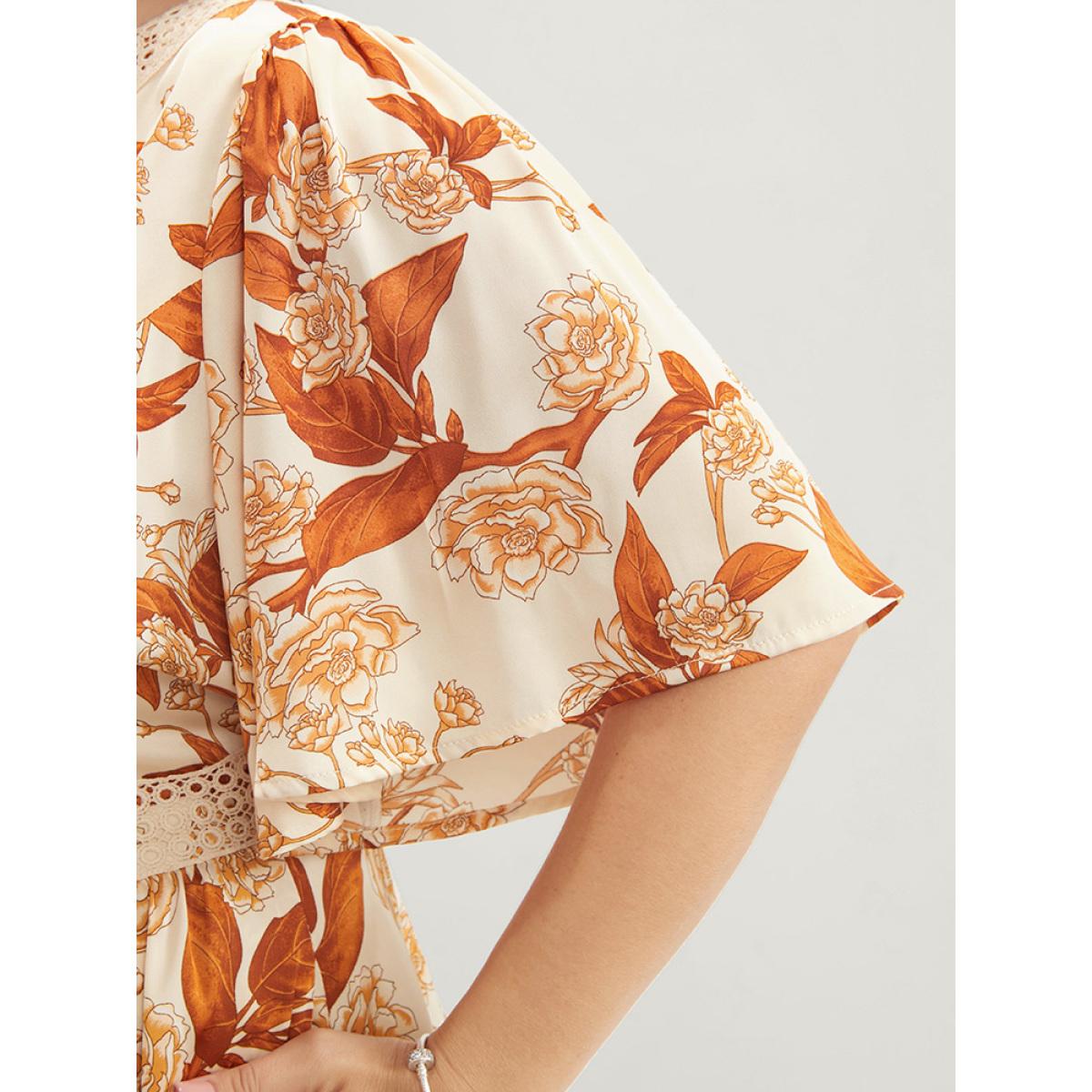 Plus Size Floral Printed Crochet Lace Pocket Flutter Maxi Dress Chocolate Women Elegant Gathered V-neck Half Sleeve Curvy Long Dress BloomChic 30/6X Product Image