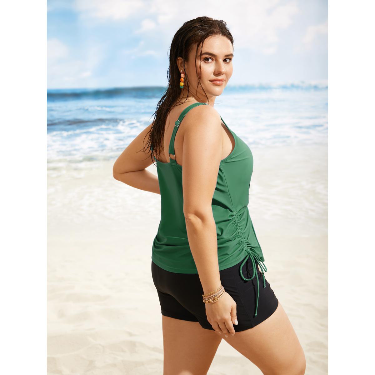 Plus Size Island Print Drawstring Adjustable Swim Top Women's Swimwear Emerald Resort Contrast High stretch Loose U-neck Curve Swim Tops BloomChic 30/6X Product Image