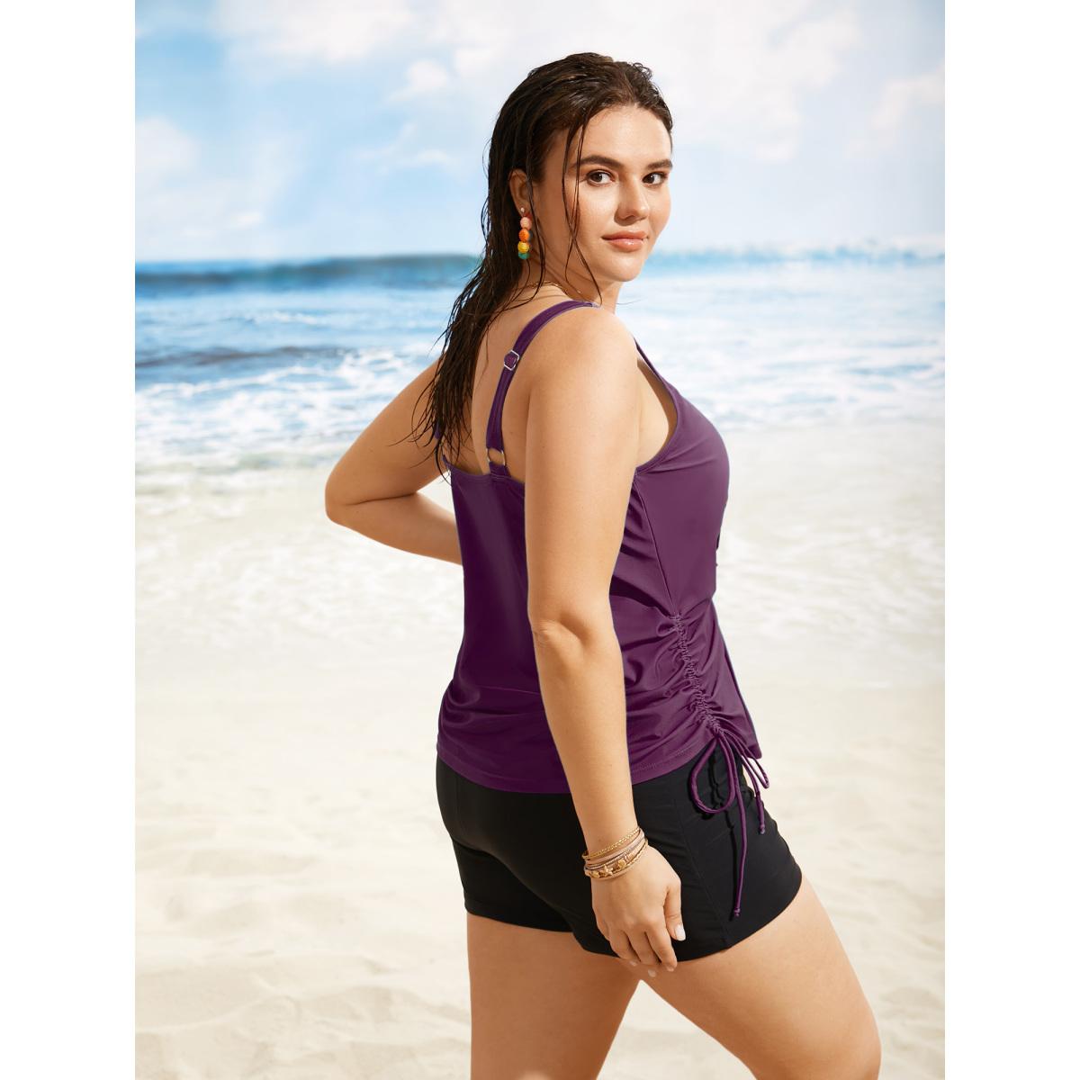 Plus Size Island Print Drawstring Adjustable Swim Top Women's Swimwear Eggplant Resort Contrast High stretch Loose U-neck Curve Swim Tops BloomChic 28/5X Product Image