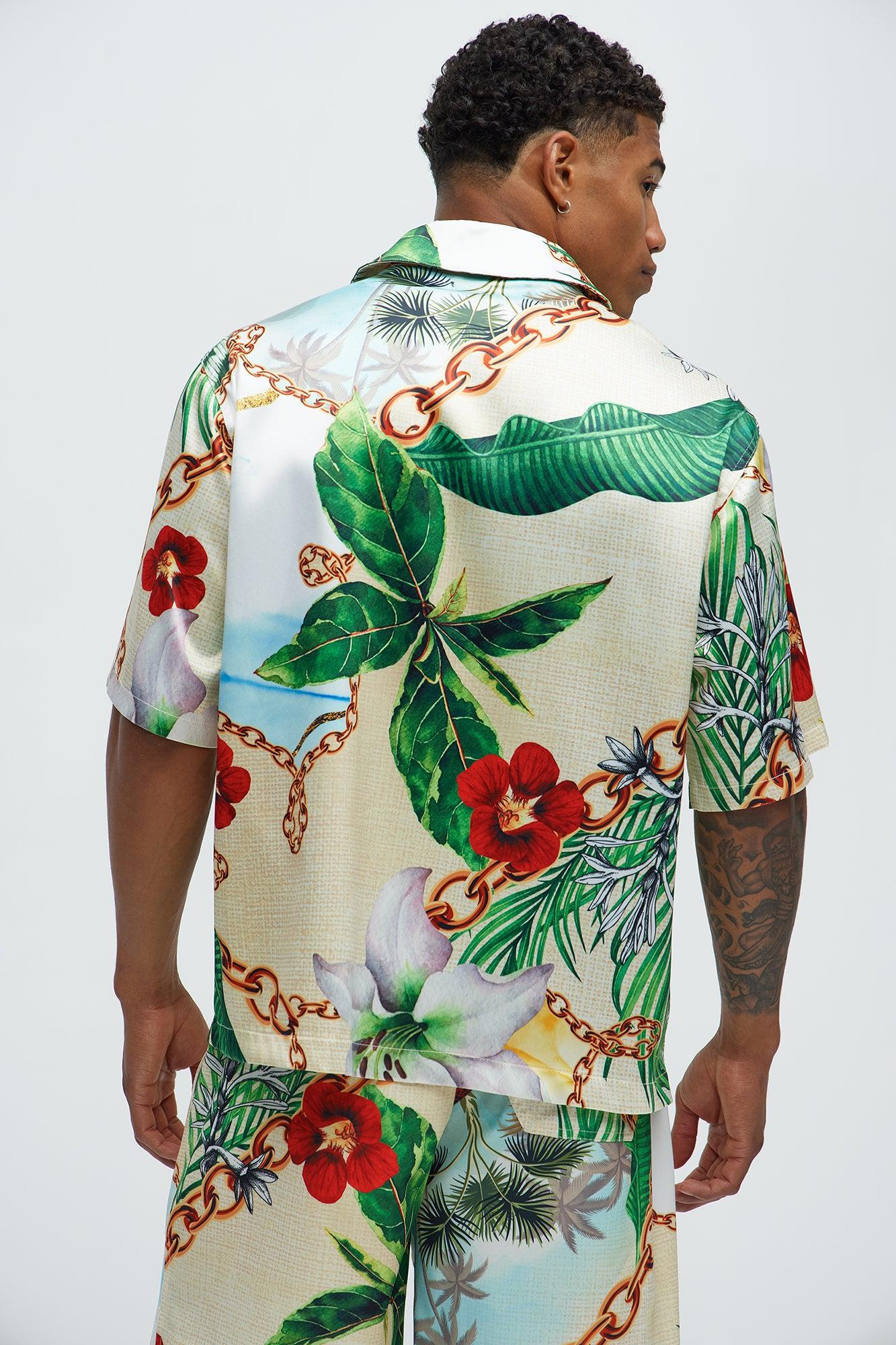 Palms And Chains Printed Cuban Collar Shirt - Multi Color Product Image