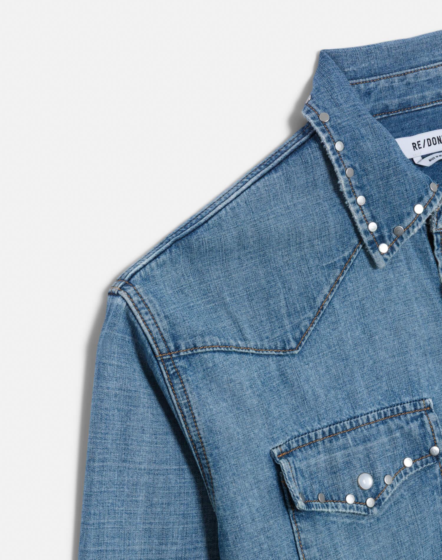 Distressed Western Shirt - Vintage Biker Blue Stud Product Image