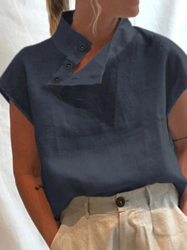 Solid Color Stand Collar Cap-Sleeve Shirts Product Image
