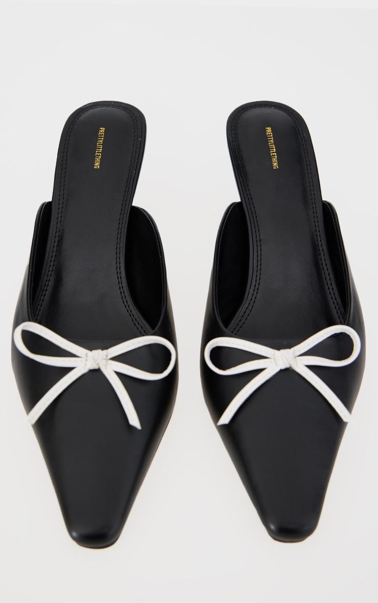 Black PU Pointed Square Toe White Bow Detail Low Heel Mule Courts Product Image