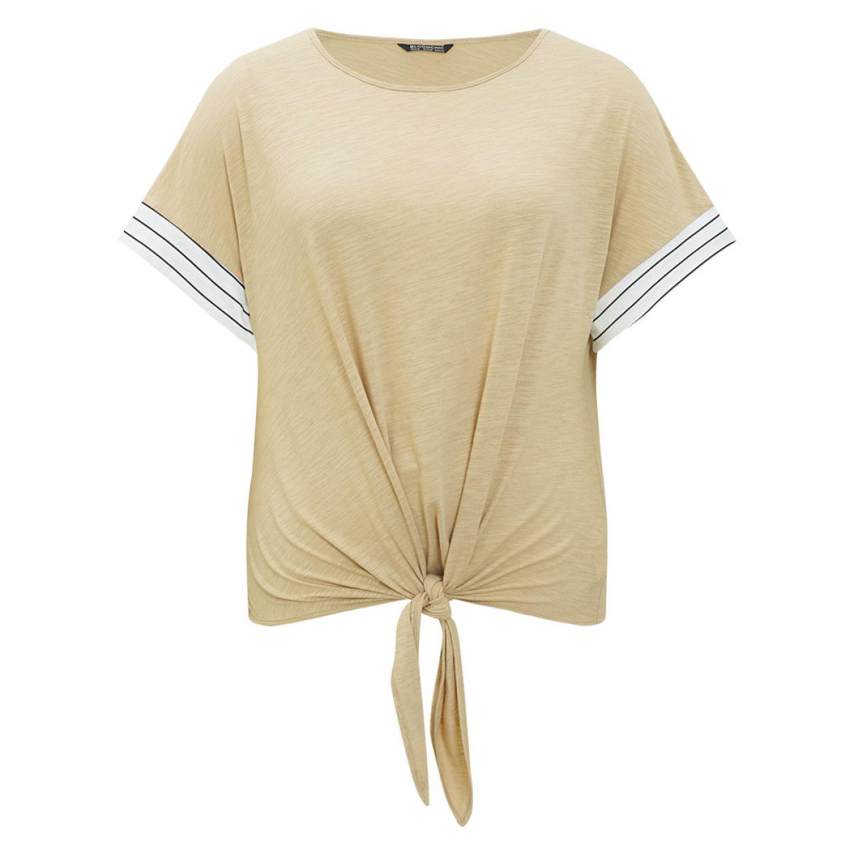 Plus Size Striped Patchwork Knotted Hem Heather T-shirt LightBrown Women Casual Heather Striped Round Neck Dailywear T-shirts BloomChic 28/5X Product Image