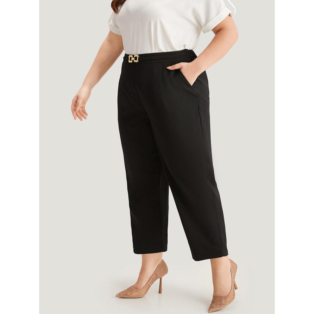 Plus Size Solid Metal Detail High Rise Straight Leg Pants Women Black Office Bodycon High Rise Office Pants BloomChic 26/4X Product Image