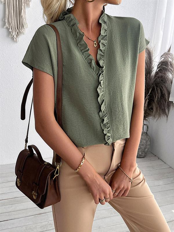Loose Short Sleeves Ruffle Trim Solid Color V-Neck Blouses&Shirts Tops Product Image